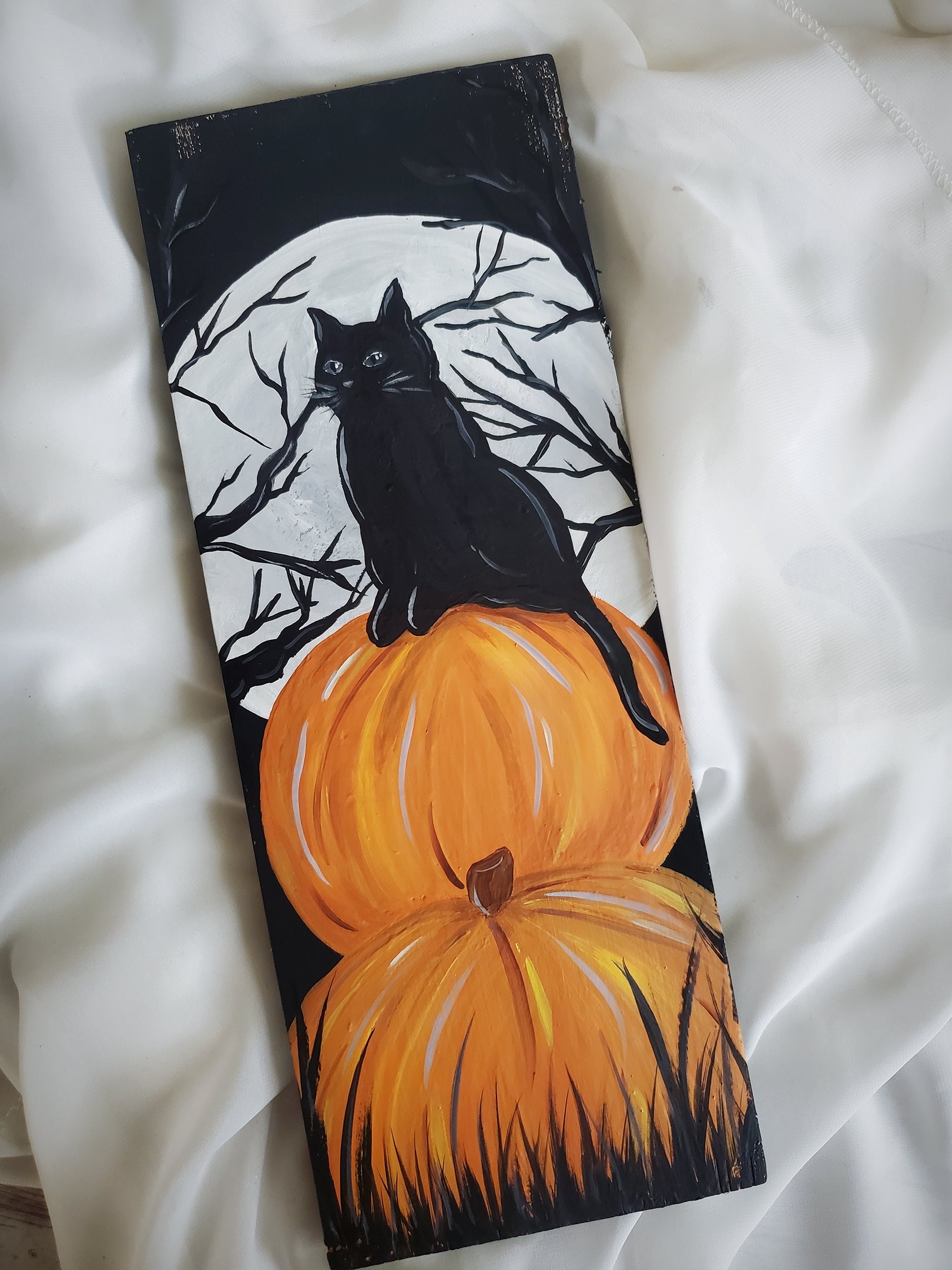 Halloween Black Cat Painting on Wood, Hand Painted Halloween Sign, Halloween Wood Sign, Spooky Halloween Art, Black Cat Pumpkin Sign