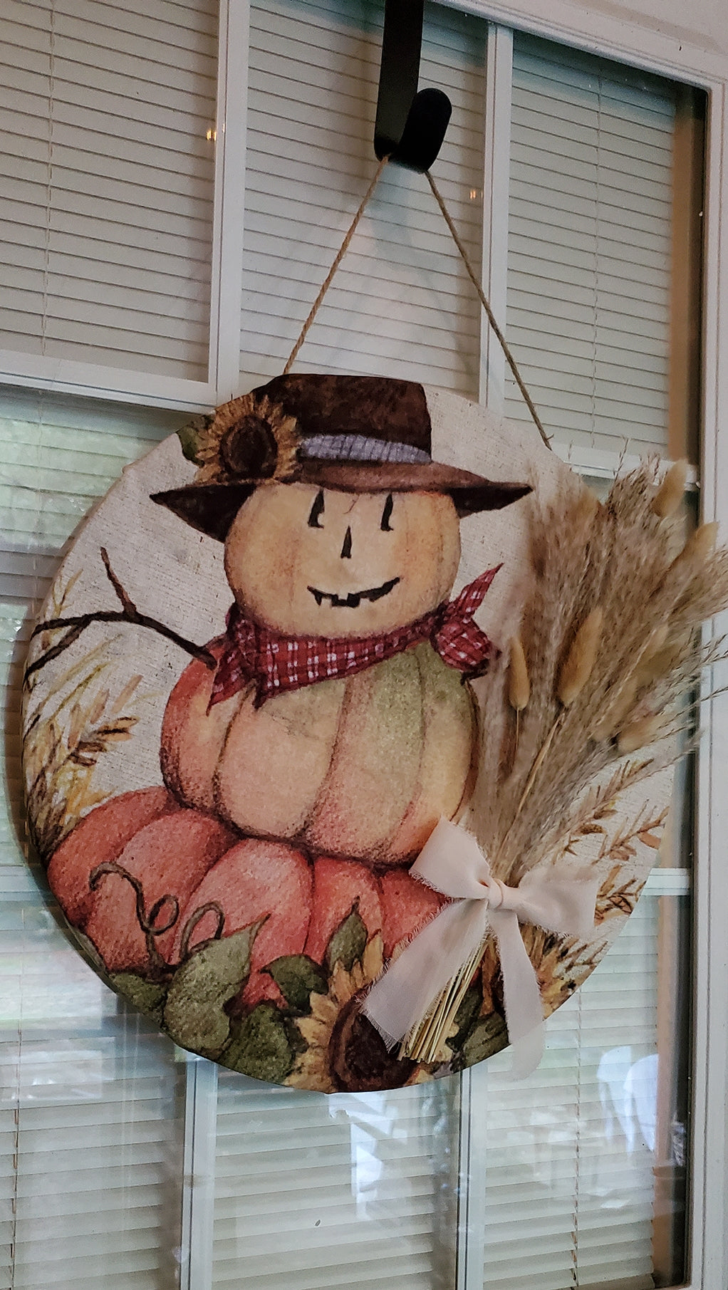 Scarecrow Pumpkin, Scarecrow Door Hanger, Fall Door Hanger, Fabric Wooden Door Hanger, Rustic Fall Decor, Dried Floral Door Wreath