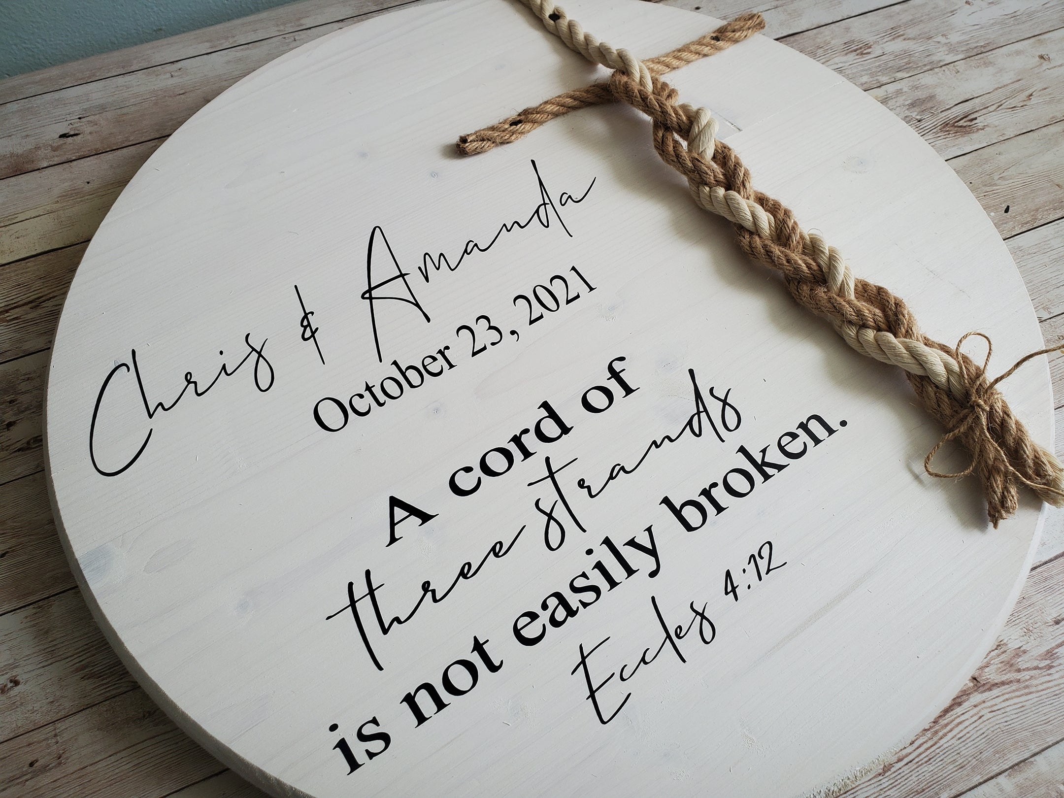 Whitewashed Wedding Sign, Round Unity Sign, A Cord of Three Strands Is Not Easily Broken, Unity Ceremony, 3 cords wedding