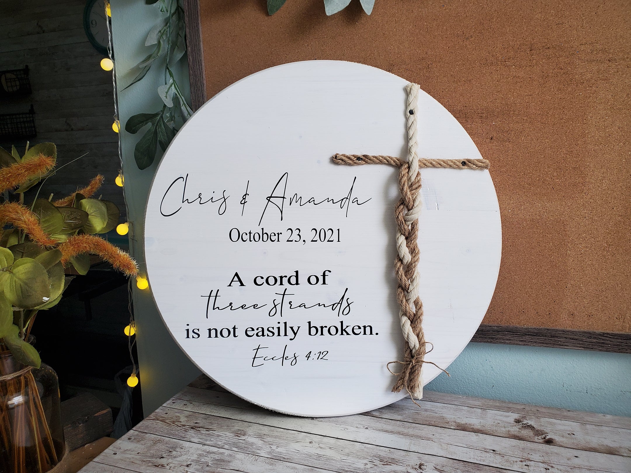Whitewashed Wedding Sign, Round Unity Sign, A Cord of Three Strands Is Not Easily Broken, Unity Ceremony, 3 cords wedding