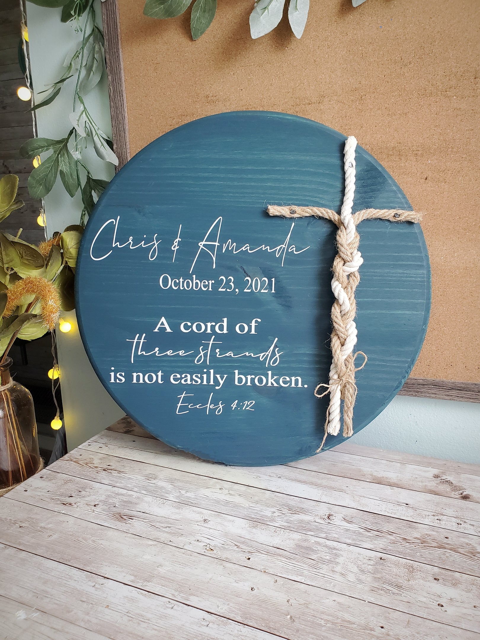 Beach themed Wedding Sign, Round Unity Sign, A Cord of Three Strands Is Not Easily Broken, Beach Wedding, 3 cords wedding, Blue/Green