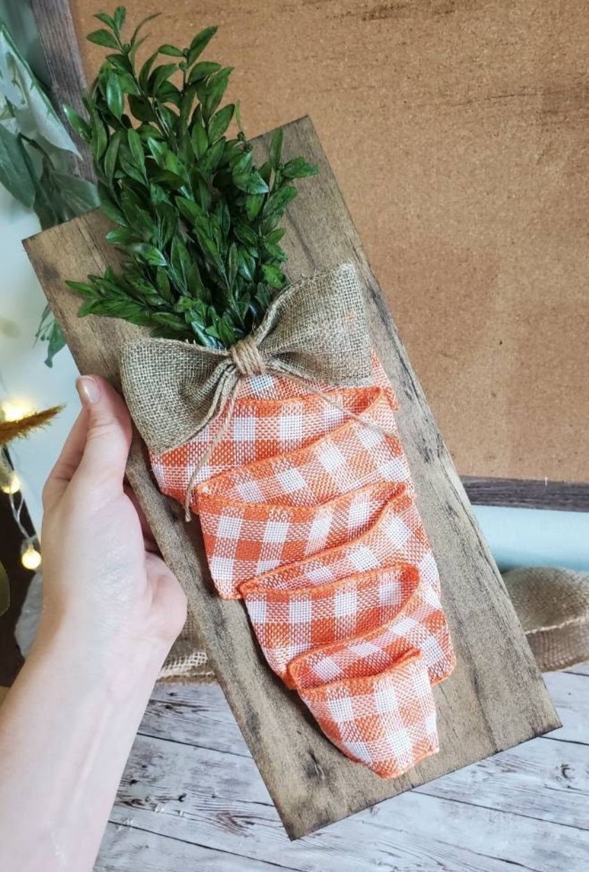 Easter Carrot Decor, Wooden Easter Decor, Spring Wooden Sign, Ribbon Carrot,  Wood Sign for Easter, Carrot with Greenery