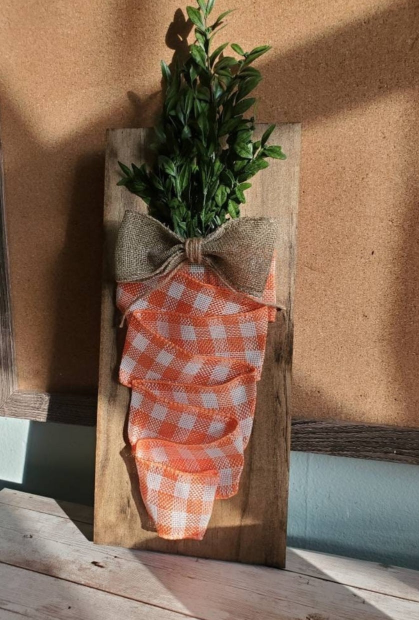 Easter Carrot Decor, Wooden Easter Decor, Spring Wooden Sign, Ribbon Carrot,  Wood Sign for Easter, Carrot with Greenery